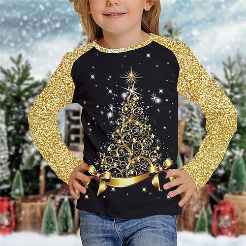 

Kids Girls' Ugly Christmas T shirt Christmas Tree Christmas Gifts 3D Printing Long Sleeve Crewneck Cute 7-13 Years Winter Gold