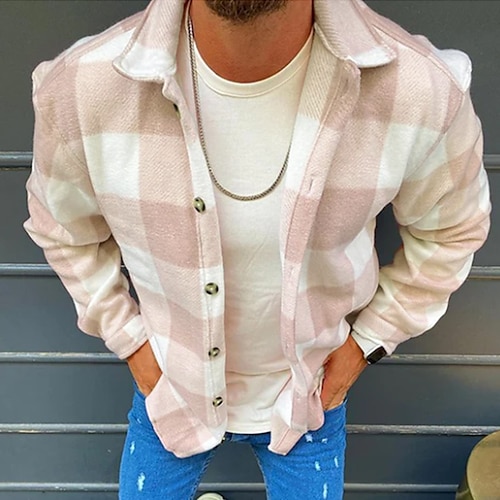 

Herren Hemd Hemdjacke Umlegekragen Frühling Herbst Langarm Hellgrün Rosa Purpur Plaid / Karomuster Strasse Täglich Bekleidung Button-Down