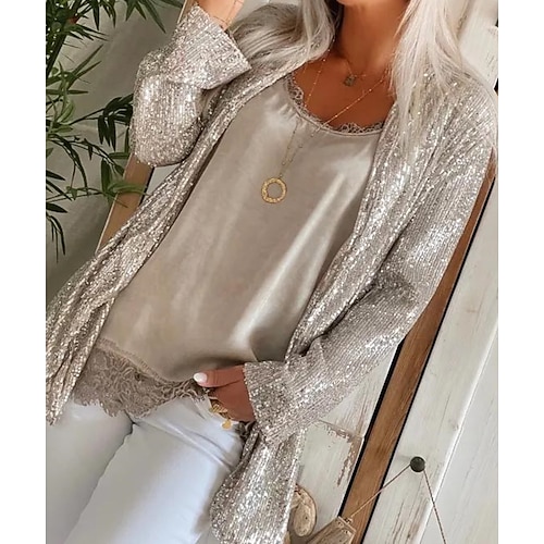 

Women's Plus Size Winter Coat Sequins Plain Party Holiday Long Sleeve Open Front Regular Winter Fall Silver L XL XXL 3XL 4XL