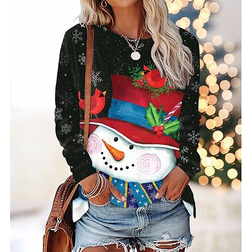 

Women's T shirt Tee Black Snowman Print Long Sleeve Christmas Weekend Basic Round Neck Regular Floral Painting S
