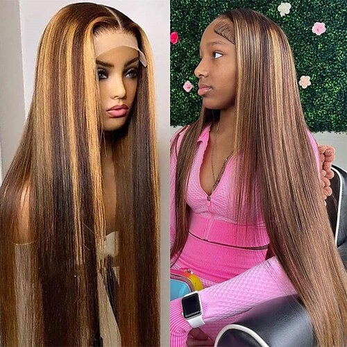 

13x4 Honley Blonde Lace Front Wigs Human Hair 180% Density Straight Lace Front Wig Highlight 4/27 Brown Mix Golen Colored Human Hair Wigs Pre Plucked With Baby Hair HD Lace Front Wigs Human Hair For Black