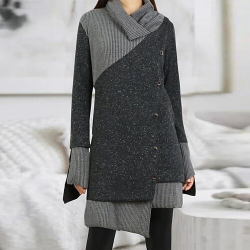 

Women's Sweater Dress Casual Dress Knit Dress Mini Dress Dark Gray Long Sleeve Color Block Patchwork Winter Fall Autumn V Neck Stylish Vacation Weekend 2022 S M L XL XXL 3XL