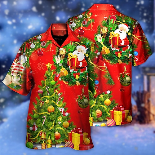 

Men's Shirt Tree Santa Claus Snowman Graphic Prints Turndown Blue Red Light Blue 3D Print Christmas Street Short Sleeve Button-Down Print Clothing Apparel Fashion Designer Casual Breathable