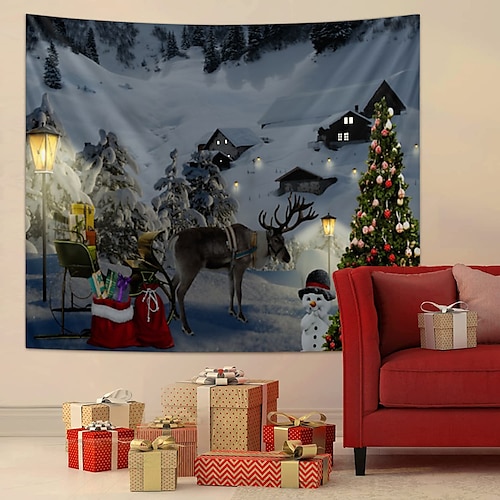 

Christmas Santa Claus Wall Tapestry Art Decor Photography Background Tablecloth Hanging Home Bedroom Living Room Dorm Decoration Elk Snow Snowman Tree