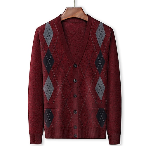 

Men's Sweater Cardigan Sweater Ribbed Knit Pocket Knitted Color Block V Neck Warm Ups Modern Contemporary Daily Wear Going out Clothing Apparel Fall & Winter Burgundy Camel M L XL