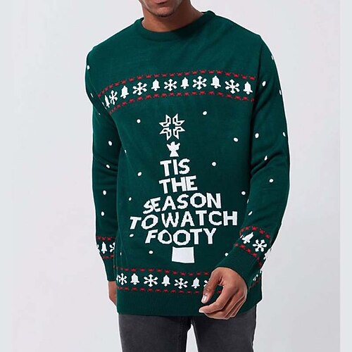 

Men's Sweater Ugly Christmas Sweater Pullover Sweater Jumper Ribbed Knit Cropped Knitted Letter Crew Neck Keep Warm Modern Contemporary Christmas Work Clothing Apparel Fall & Winter Green S M L