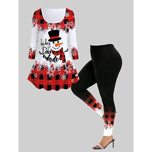 

Women's Plus Size Tops Christmas Set Snowman Print Long Sleeve Crew Neck Fashion Vacation Polyester Winter Fall Red