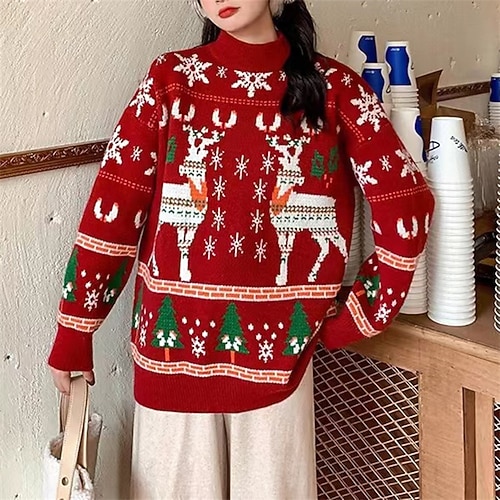 

Women's Ugly Christmas Sweater Pullover Sweater Jumper Crochet Knit Knitted Elk Crew Neck Stylish Casual Outdoor Christmas Winter Fall Red One-Size