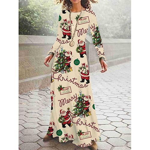 

Women's Christmas Casual Dress Swing Dress Long Dress Maxi Dress Blue Dark Green Khaki Long Sleeve Santa Claus Print Winter Fall Autumn Crew Neck Stylish 2022 S M L XL 2XL 3XL 4XL 5XL