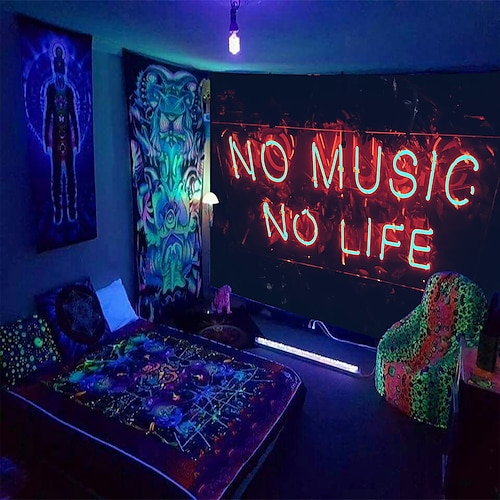 

Cool Blacklight UV Reactive Wall Tapestry Art Decor Music Skull Blanket Curtain Picnic Tablecloth Hanging Home Bedroom Living Room Dorm Decoration Polyester