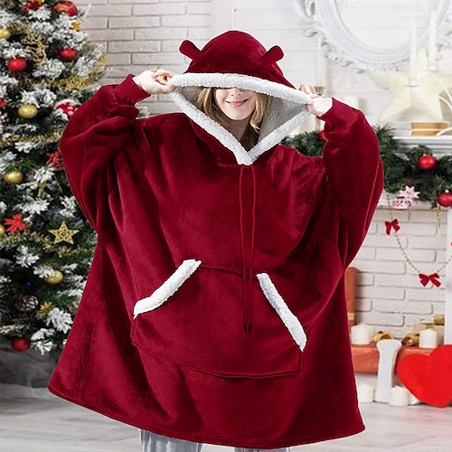 

Women's Pajamas Loungewear Sweatshirt Pullover Sherpa Pure Color Simple Comfort Oversized Home Daily Spa Flannel Breathable Gift Pullover Pocket Winter Fall Light Pink Wine