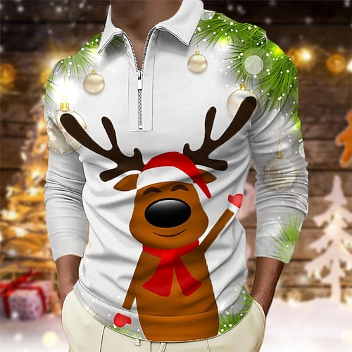 

Men's Collar Polo Shirt Golf Shirt Animal Elk Graphic Prints Turndown Green 3D Print Christmas Street Long Sleeve Zipper Print Clothing Apparel Fashion Designer Casual Soft