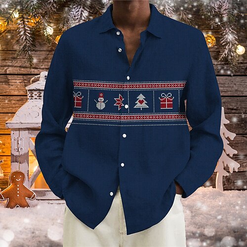 

Men's Shirt Tree Turndown Blue Gray 3D Print Outdoor Christmas Long Sleeve Button-Down Print Clothing Apparel Fashion Designer Casual Breathable