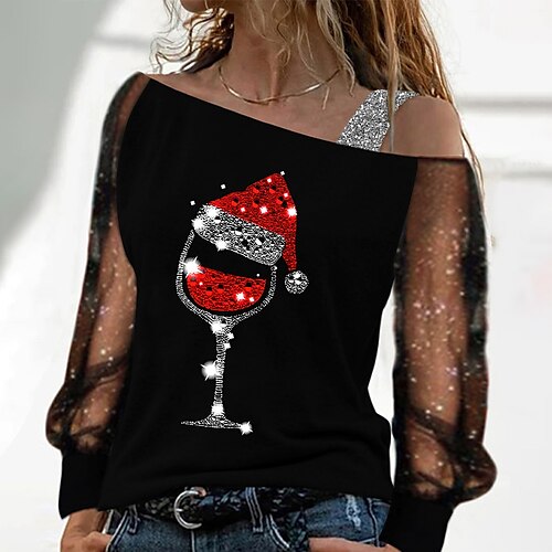 

Women's Blouse Shirt Black Graphic Patchwork Off Shoulder Long Sleeve Christmas Streetwear Off Shoulder Regular S