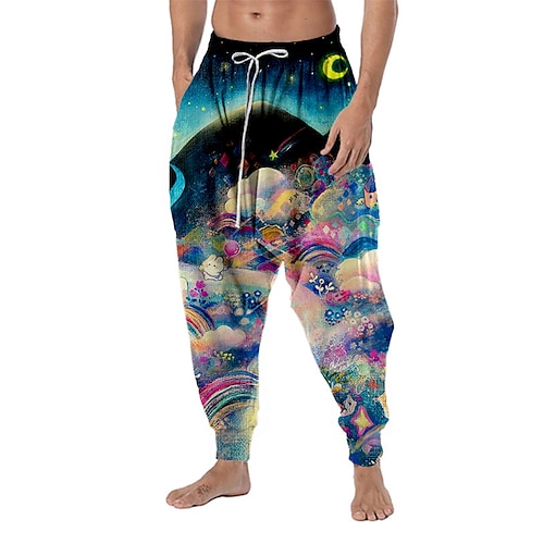 

Men's Joggers Trousers Beach Pants Baggy Harem Pants Drawstring Elastic Waist 3D Print Rainbow Graphic Prints Clouds Comfort Soft Casual Daily Holiday Boho Hippie Blue Royal Blue Micro-elastic