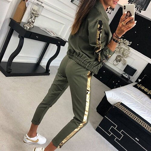 

Women's Sweatshirt Tracksuit Pants Sets Sweatpants Basic Black Yellow Casual Daily Color Block Sequins Patchwork Stand Collar S M L XL