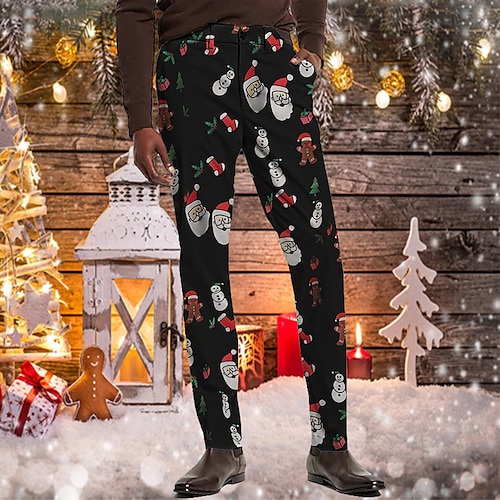 

Men's Christmas Pants Chinos Trousers Jogger Pants Print Cartoon Full Length Christmas Daily Casual Black Inelastic