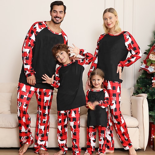 

Christmas Pajamas Family Plaid Letter Elk Home Black Red Long Sleeve Basic Matching Outfits
