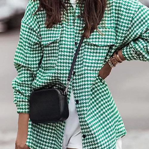 

Women's Jacket Outdoor clothing Pocket Plaid Breathable Fashion Regular Fit Outerwear Long Sleeve Winter Green S