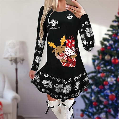 

Women's Christmas Casual Dress Mini Dress Green Black Red Long Sleeve Elk Print Winter Fall Autumn Crew Neck Stylish 2022 S M L XL 2XL