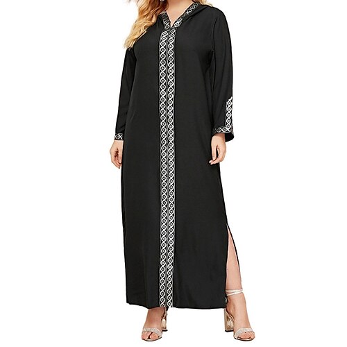 

Women's Plus Size Shift Dress Geometric Hooded Long Sleeve Winter Fall Casual Maxi long Dress Daily Holiday Dress / Black Dress