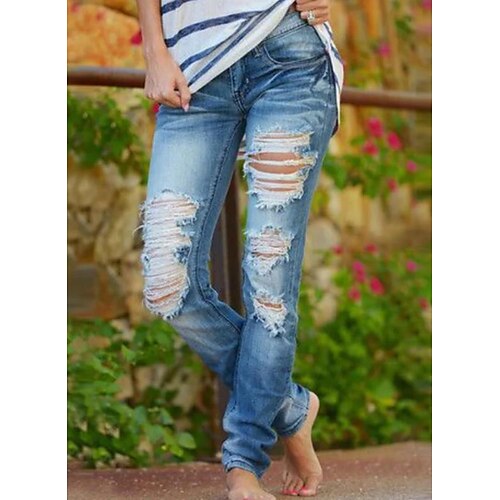 

Women's Skinny Jeans Distressed Jeans Denim Blue Casual Casual Daily Pocket Ripped Stretchy Full Length Soft Solid Colored 3X S M L XL