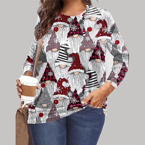 

Women's Plus Size Christmas Tops Pullover Sweatshirt Santa Claus Snowman Print Long Sleeve Casual Daily Microfiber Winter Fall Black Gray