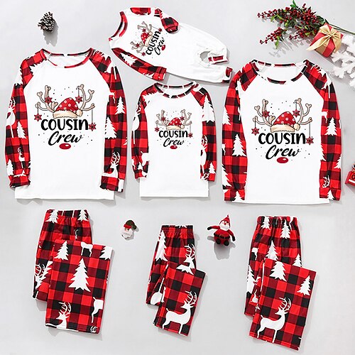 

Christmas Pajamas Family Elk Christmas Tree Home Crewneck Green Black Red Long Sleeve Basic Matching Outfits