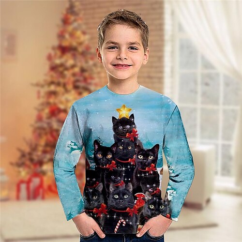 

Toddler Boys Ugly Christmas T shirt Tee Animal Cat Long Sleeve Crewneck Children Top Casual 3D Print Cute Daily Winter Fall Blue 7-13 Years