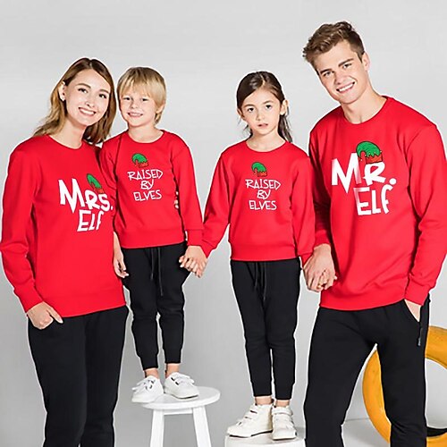 

Family Christmas Sweatshirt Letter Casual Crewneck Black Red Long Sleeve Daily Matching Outfits