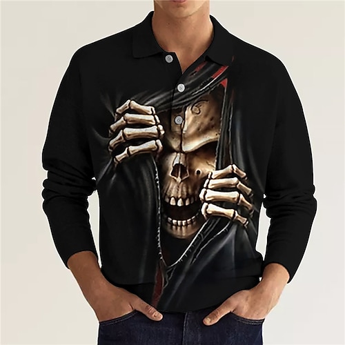 

Men's Polo Shirt Golf Shirt Skull Graphic Prints Turndown Black Blue 3D Print Outdoor Street Long Sleeve Button-Down Print Clothing Apparel Cool Designer Casual Punk & Gothic