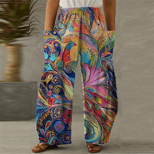 

Women's Plus Size Wide Leg Pants Trousers Pocket Print Flower Casual Comfort Outdoor Daily High Full Length Winter Fall Rainbow XL XXL 3XL 4XL 5XL