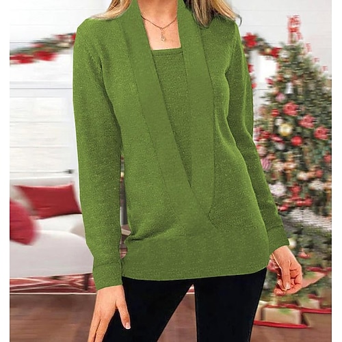 

2022 european and american autumn and winter wish new knitted solid color deep v-neck long-sleeved fake two-piece sweater women's top