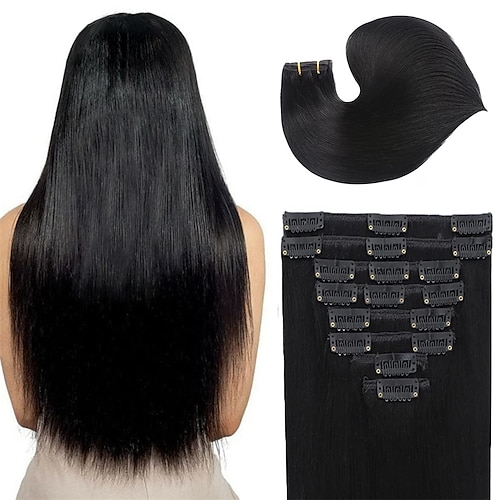 

Clip in Hair Extensions Real Human Hair 100% Brazilian Virgin Human Hair 8pcs 70g Per Set with 18Clips Double Weft Clip in Human Hair Extensions Jet Black for Women