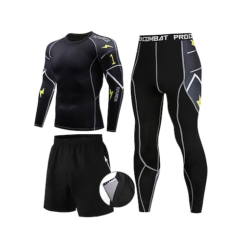 

Men's Activewear Set Compression Suit Side Pockets 3-Piece Athletic Long Sleeve Breathable Quick Dry Moisture Wicking Fitness Running Jogging Sportswear Activewear Red / black Yellow / Black Light