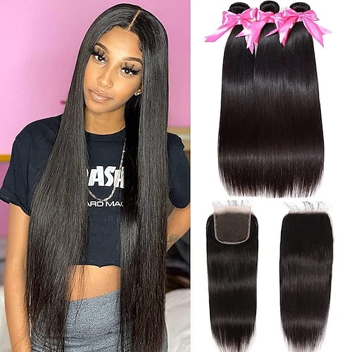 

10A Straight Bundles with Closure Human Hair (18 20 22 with 16 Inch) Brazilian Human Hair Bundles with Closure 100% Unprocessed Virgin Remy Straight Hair Weave Bundles with Closure HD Lace 4x4 Free Pa