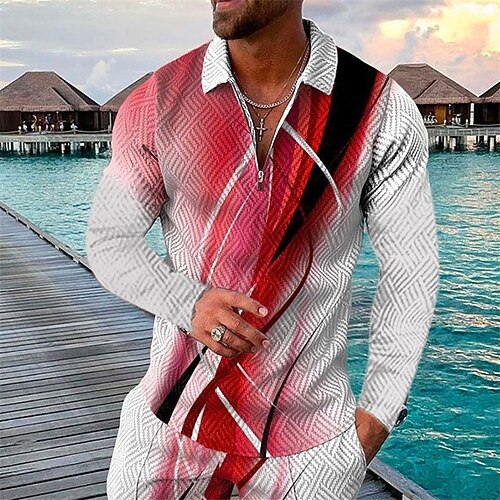 

Men's Collar Polo Shirt Golf Shirt Gradient Graphic Prints Linear Turndown Red 3D Print Outdoor Street Long Sleeve Zipper Print Clothing Apparel Fashion Designer Casual Soft