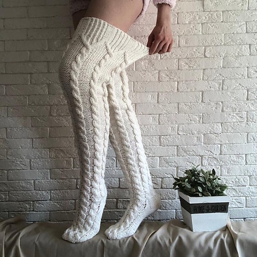 

Women's Stockings Thigh-High Crimping Socks Tights Thermal Warm Stretchy Knitting Fashion Casual Daily White One-Size