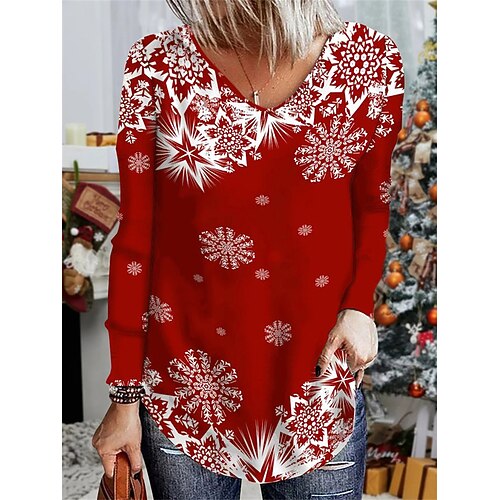 

Women's Blouse Shirt Black Pink Wine Snowflake Print Long Sleeve Christmas Casual Basic V Neck Regular S