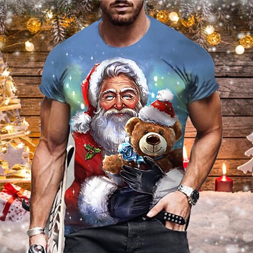 

Men's Unisex Christmas T shirt 3D Print Graphic Prints Santa Claus Print Short Sleeve Tops Casual Designer Big and Tall Blue / Summer