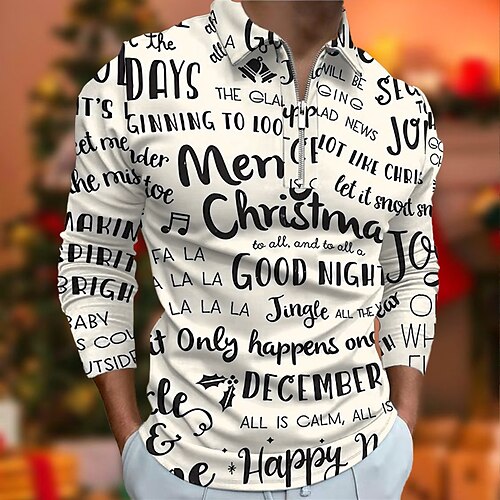 

Men's Collar Polo Shirt Golf Shirt Letter Turndown Beige Black 3D Print Outdoor Christmas Long Sleeve Zipper Print Clothing Apparel Fashion Designer Casual Breathable