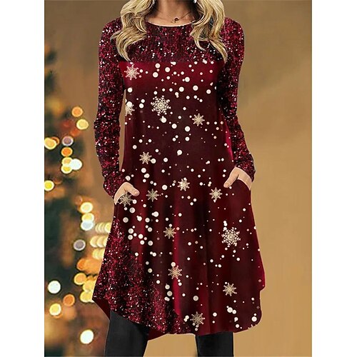 

Women's Casual Dress T Shirt Dress Tee Dress Shift Dress Mini Dress Wine Long Sleeve Snowflake Pocket Winter Fall Autumn Crew Neck Fashion Daily 2022 S M L XL XXL 3XL