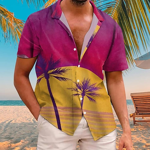 

Men's Shirt Coconut Tree Scenery Graphic Prints Turndown Purple 3D Print Street Casual Short Sleeve Button-Down Print Clothing Apparel Fashion Designer Casual Hawaiian
