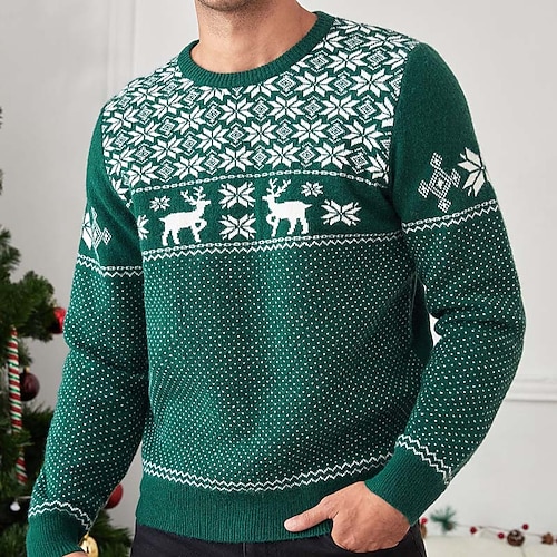 

Men's Sweater Ugly Christmas Sweater Pullover Sweater Jumper Ribbed Knit Cropped Knitted Deer Crew Neck Keep Warm Modern Contemporary Christmas Work Clothing Apparel Fall & Winter Green S M L