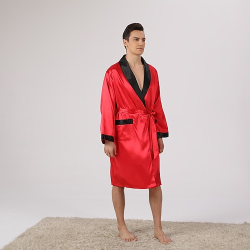 

Men's Plus Size Silk Robe Robes Gown Sets Silk Kimono 2 Pieces Waves Simple Comfort Home Daily Faux Silk Gift Lapel Long Sleeve Robe Top Shorts Pocket Adjustable Belt Included Winter Fall Red black