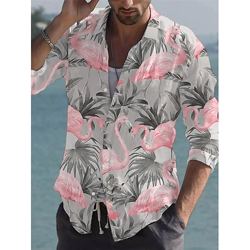

Men's Shirt Flamingo Graphic Prints Leaves Turndown Gray 3D Print Christmas Street Long Sleeve Button-Down Print Clothing Apparel Fashion Designer Casual Soft