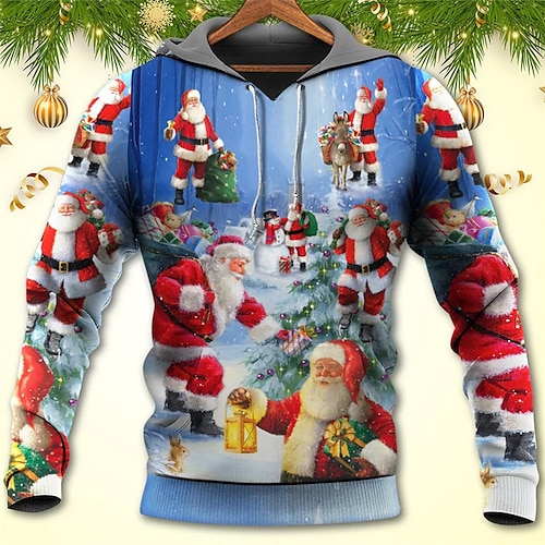 

Men's Pullover Hoodie Sweatshirt Blue Royal Blue Hooded Santa Claus Graphic Prints Ugly Christmas Print Daily Sports 3D Print Basic Streetwear Designer Spring & Fall Clothing Apparel Hoodies