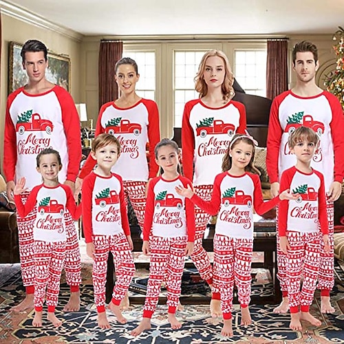 

Christmas Pajamas Family Set Ugly Christmas pattern Letter Home White Long Sleeve Mom Dad and Me Daily Matching Outfits