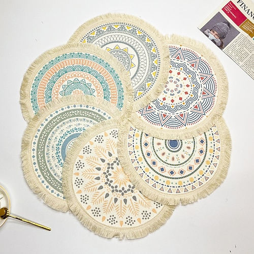 

bohemian cotton thread placemat nordic fabric woven mat home kitchen heat insulation anti-scalding mat tassel table mat coaster