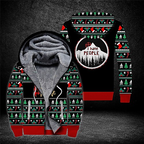 

Men's Fleece Jacket Full Zip Hoodie Fleece Hoodie Sherpa Jacket Green Hooded Christmas Tree Graphic Prints Zipper Print Christmas Sports & Outdoor Daily 3D Print Fleece Streetwear Designer Casual